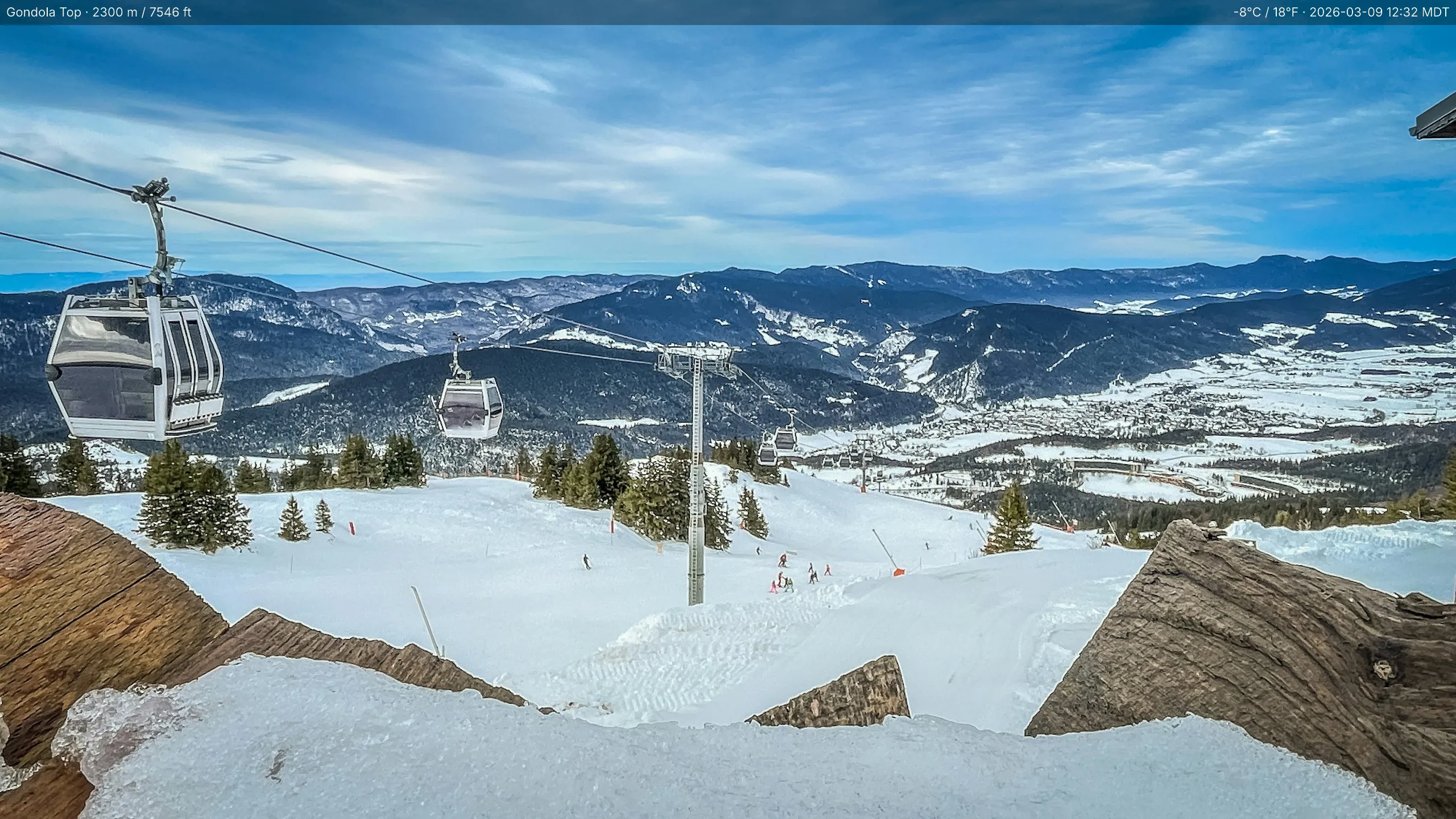 A MtnManager-hosted resort webcam snapshot, branded with an overlay showing camera name, elevation, temperature, and time