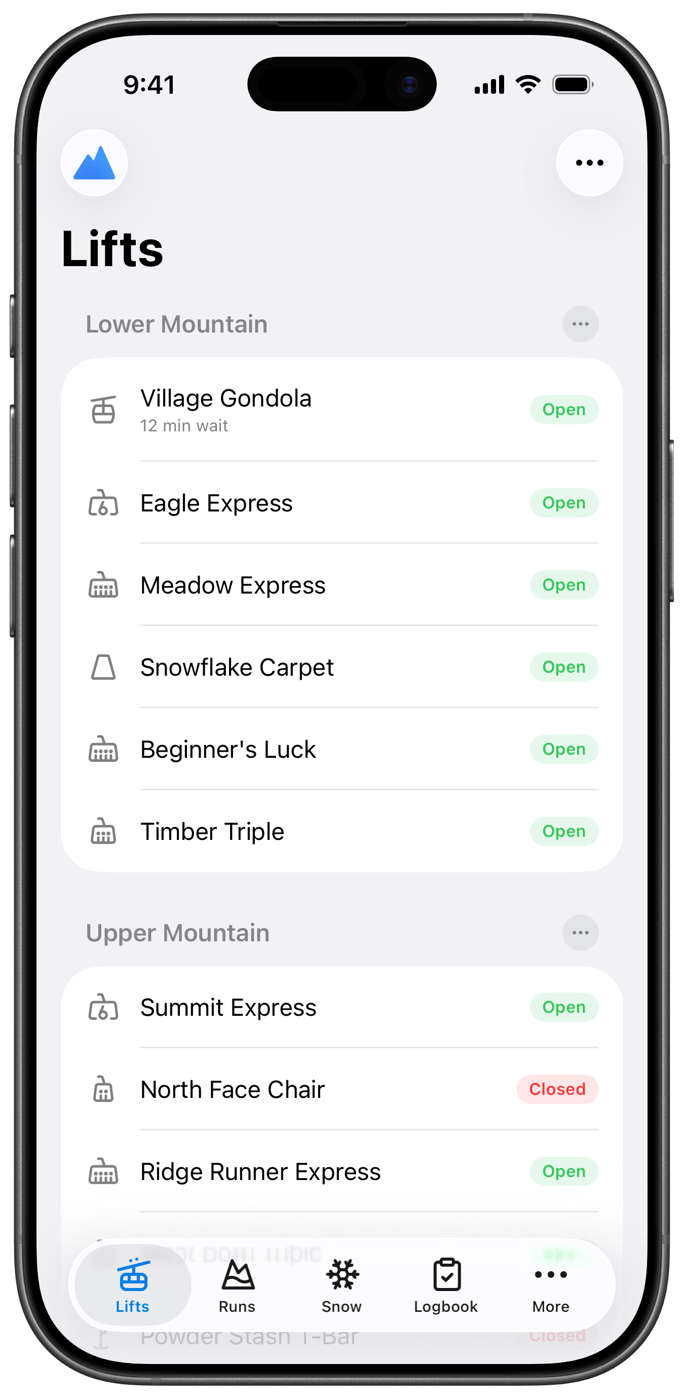 MtnManager iOS app showing the snow report on a phone