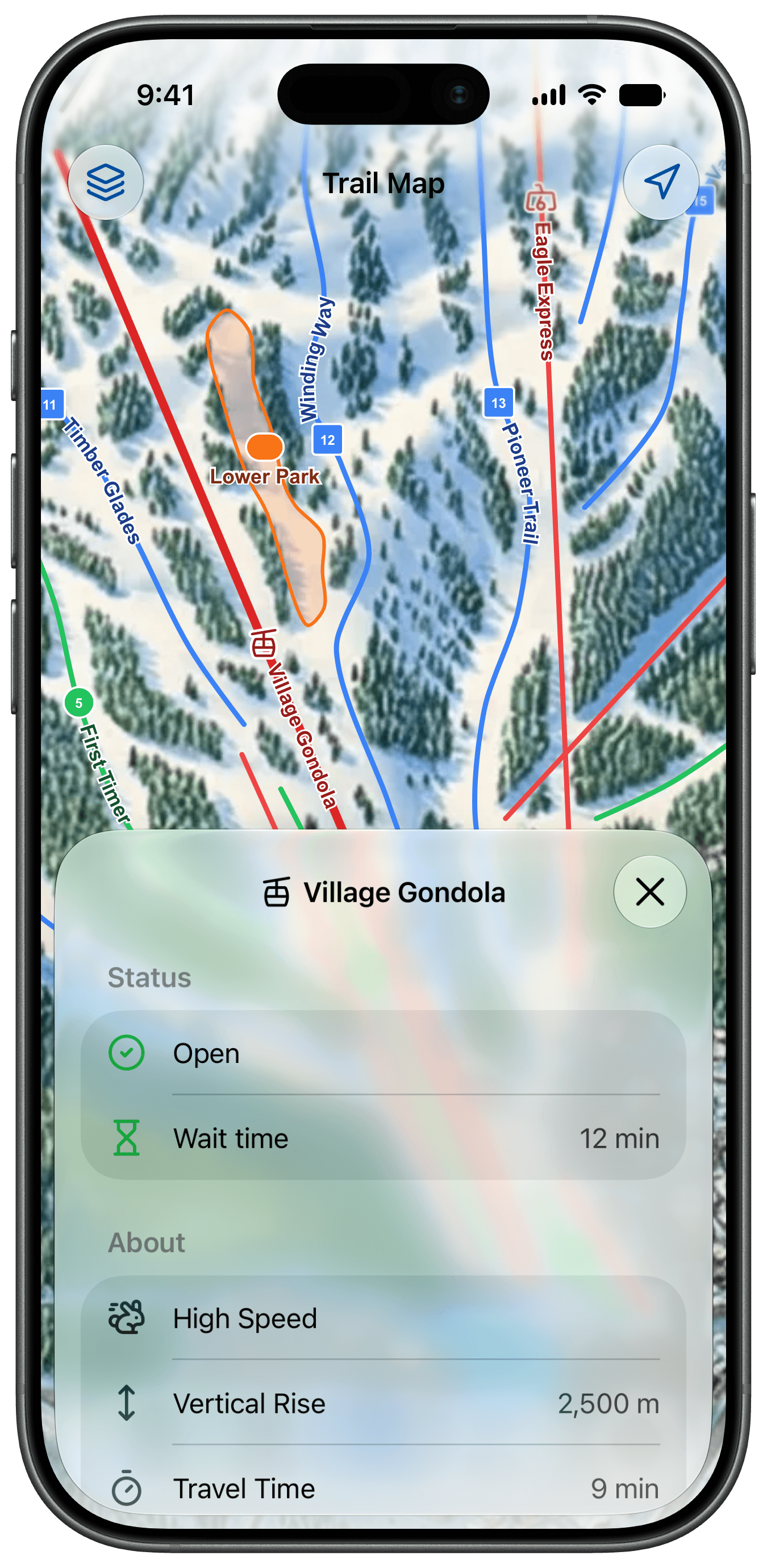 Branded resort mobile app on an iPhone showing the interactive trail map with live lift status