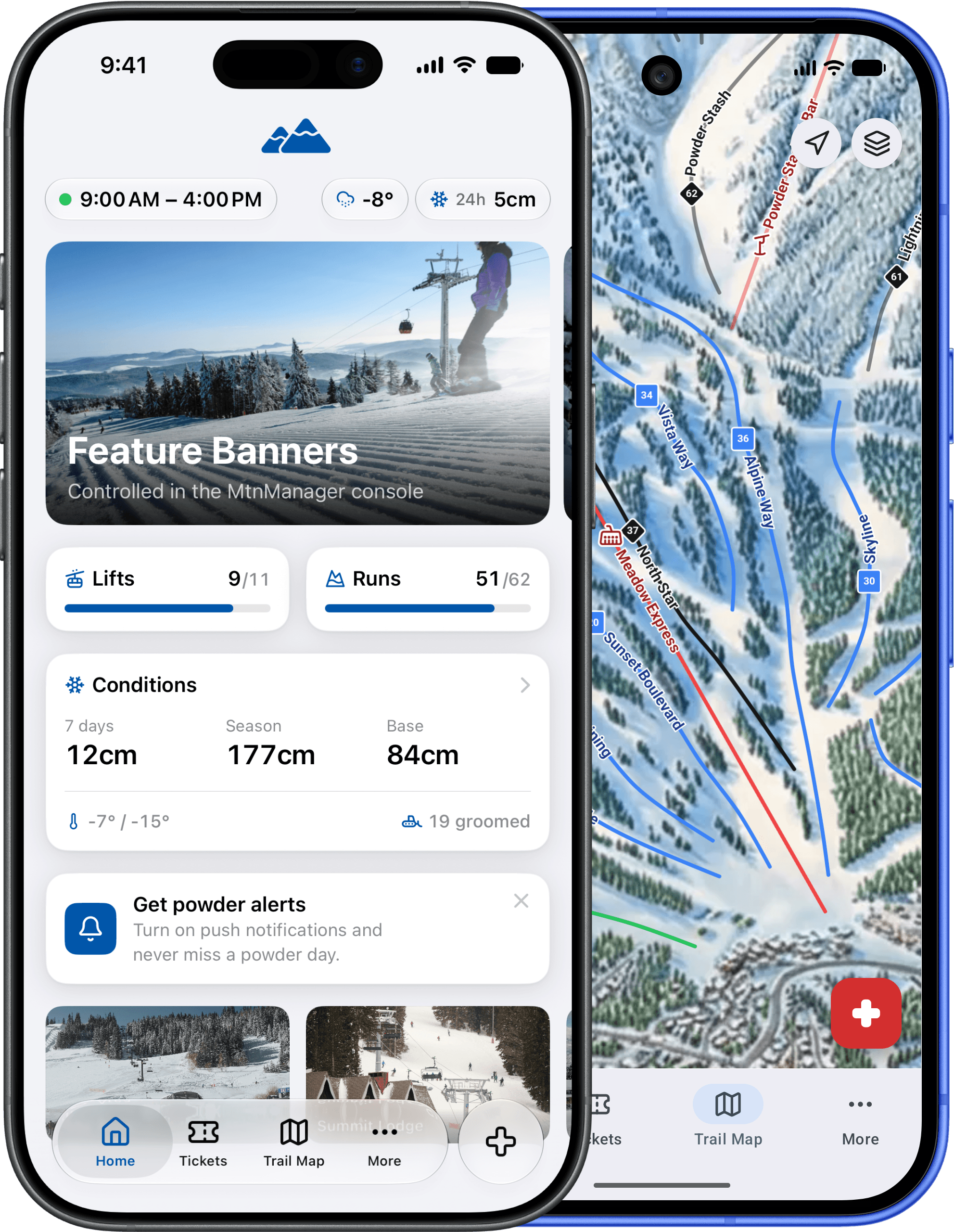 MtnManager-powered branded resort app on two iPhones showing live status with snow report and an interactive trail map