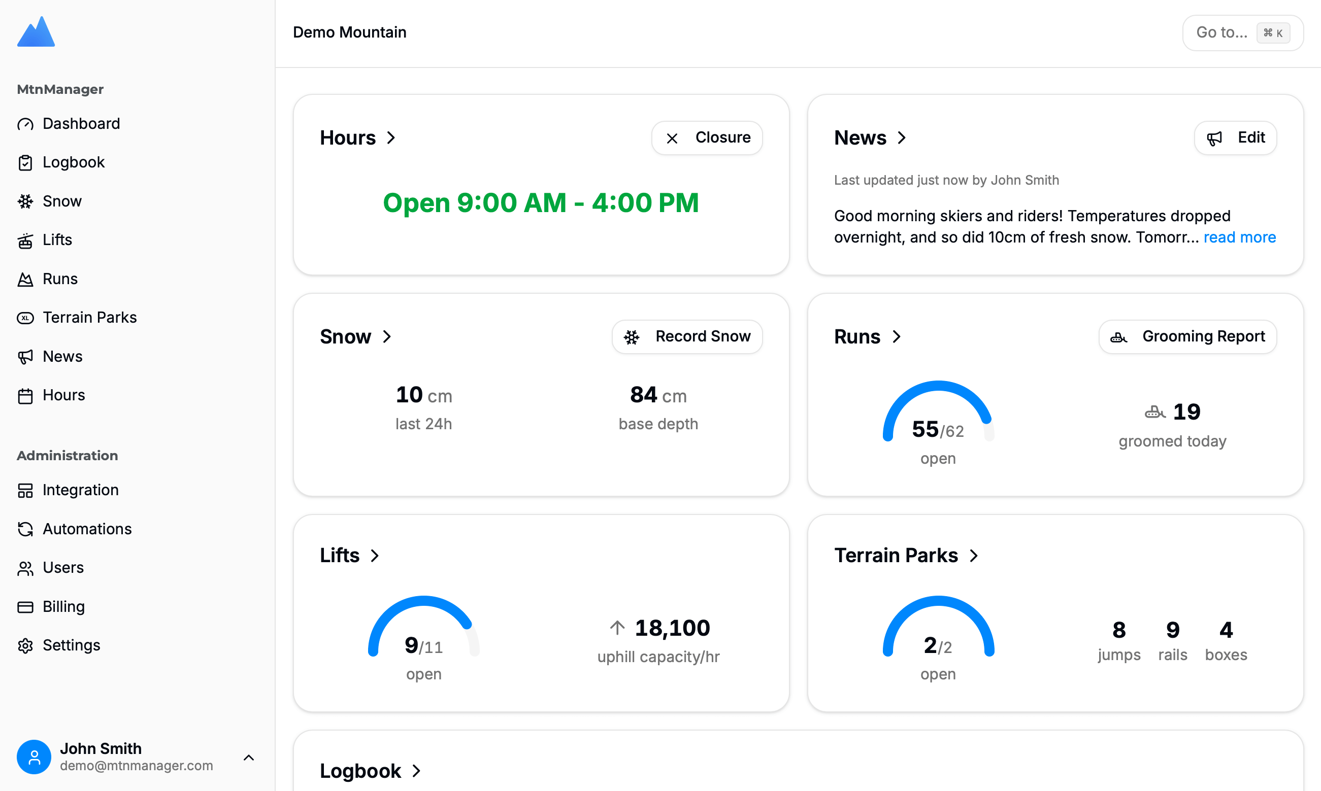 MtnManager admin dashboard showing snow conditions and lift status