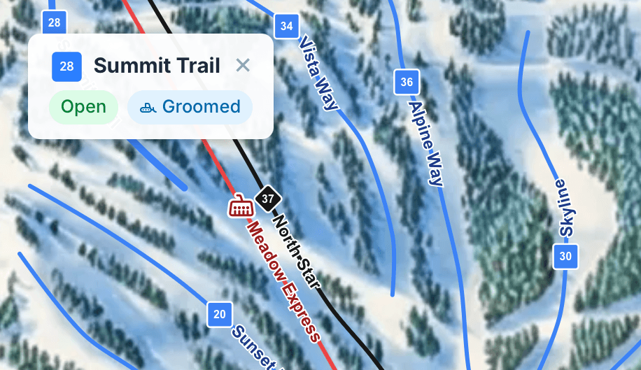 MtnManager interactive trail map showing runs, lifts, and live status
